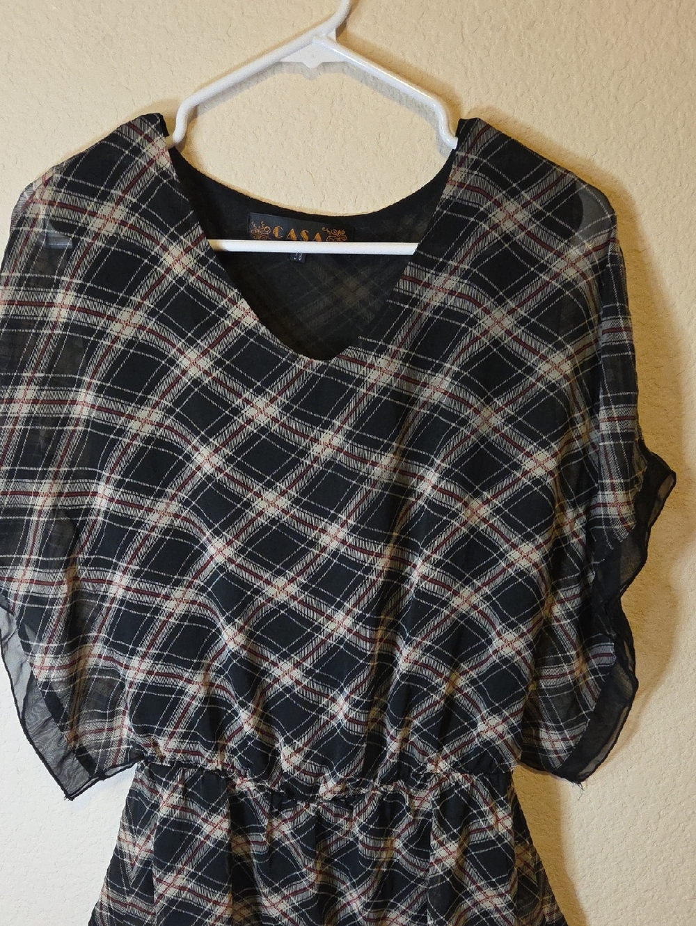 Black Plaid Sheer Waist-Drawn Tunic